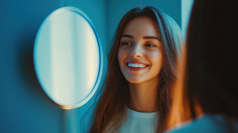 Woman smiling and checking her teeth in a mirror