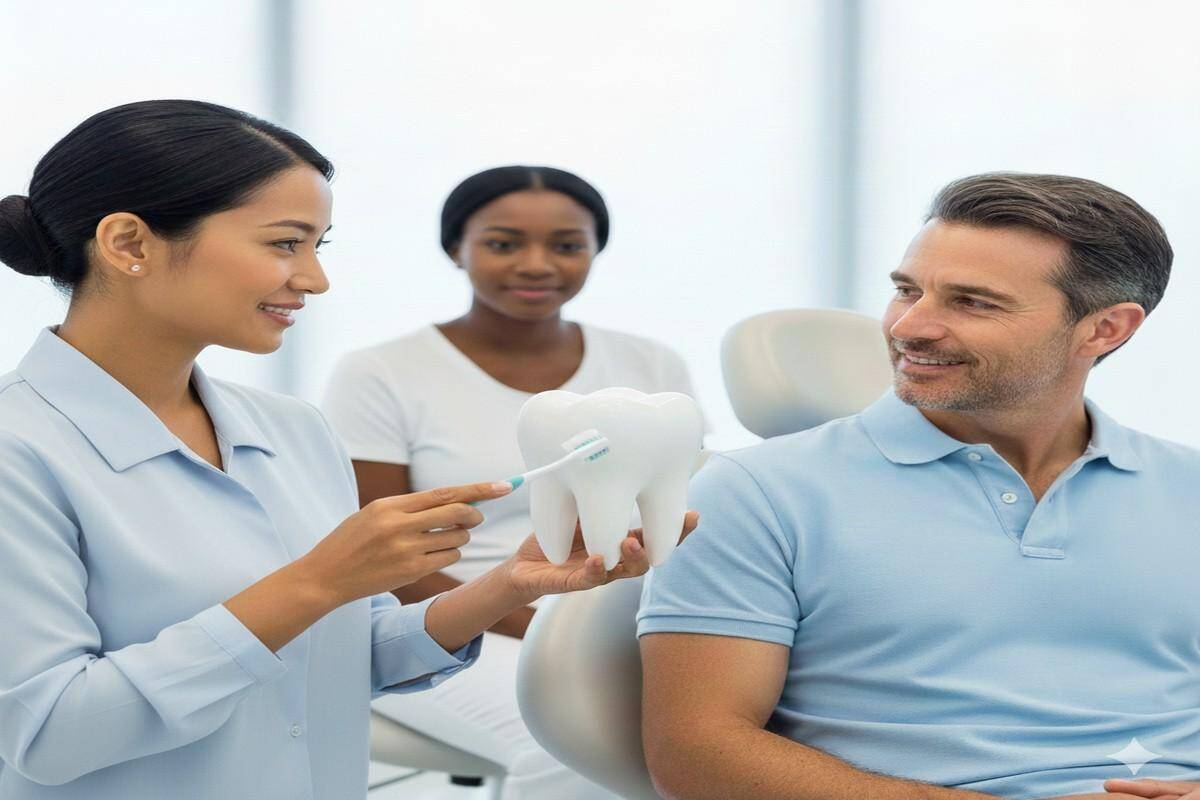 A Dentist explaining oral health with tooth model during preventive dental consultation