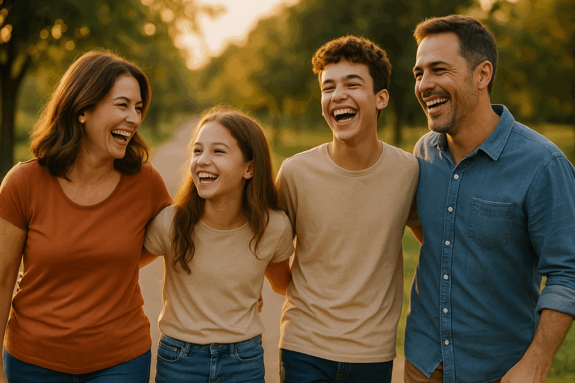 A family of four joyfully laughing together in a sunny park, surrounded by green grass and trees.